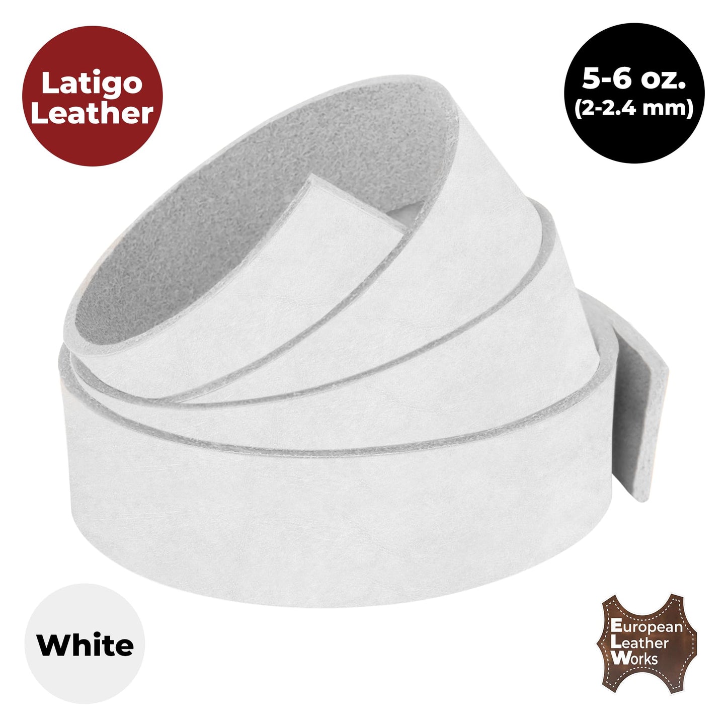 ELW 5-6 oz (2-2.4mm) Latigo Leather Belt Grade Straps | Size: 0.5"x50" (1.3x127cm) | White | Full Grain Cowhide, Heavy Duty Holsters, Sheathes, Harness, Saddle, Guitar Straps, Crafts