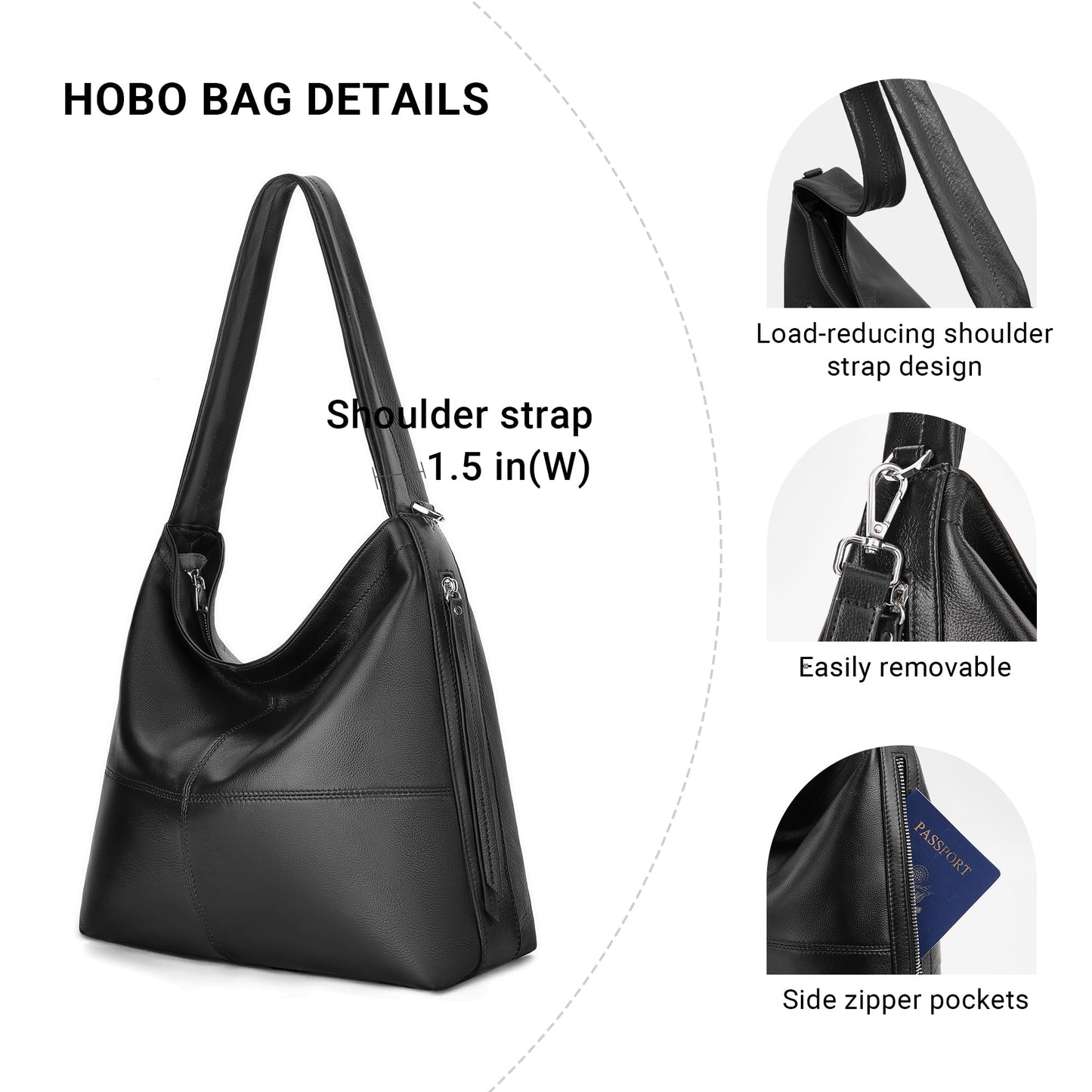 Morriloom Genuine Leather Hobo Bags for Women Crossbody Purses Work Tote Bag Designer Shoulder Handbags with 2 Straps (Black)