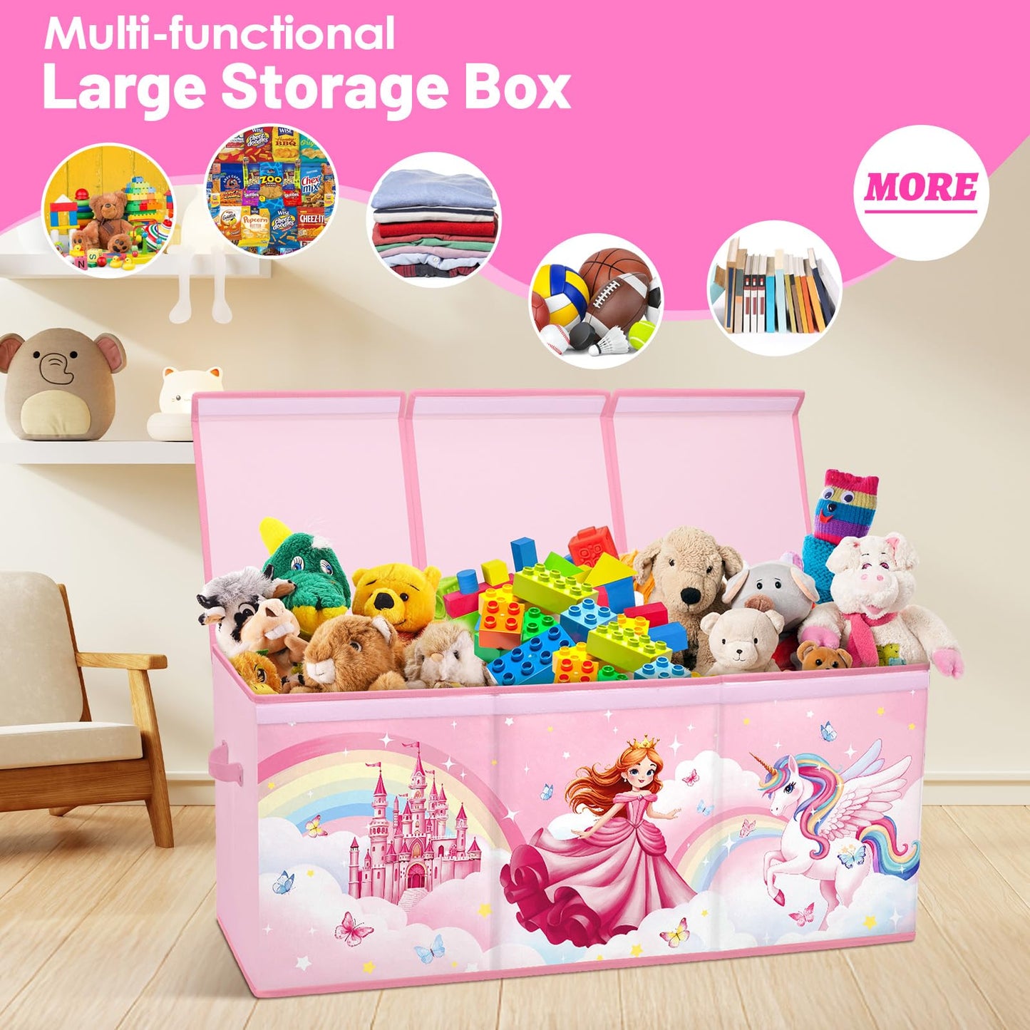 Toy Storage Bin with Lids,Extra Large Toy Box Chest with Handles for Kids Boys Girls,Collapsible Storage Organizer Box Bin Basket for Bedroom,Playroom, Nursery,37.8"x12.6" x15.7",Princess Unicorn