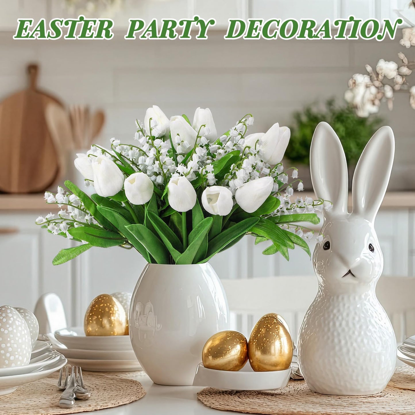 Hoteam 24 Pcs Artificial Lily of The Valley, Lifelike PU Faux Tulips, Fake Flowers Bouquet Floral Arrangements for Spring Home Decor, Spring Centerpiece, Wedding Bridal Party (White & Green)