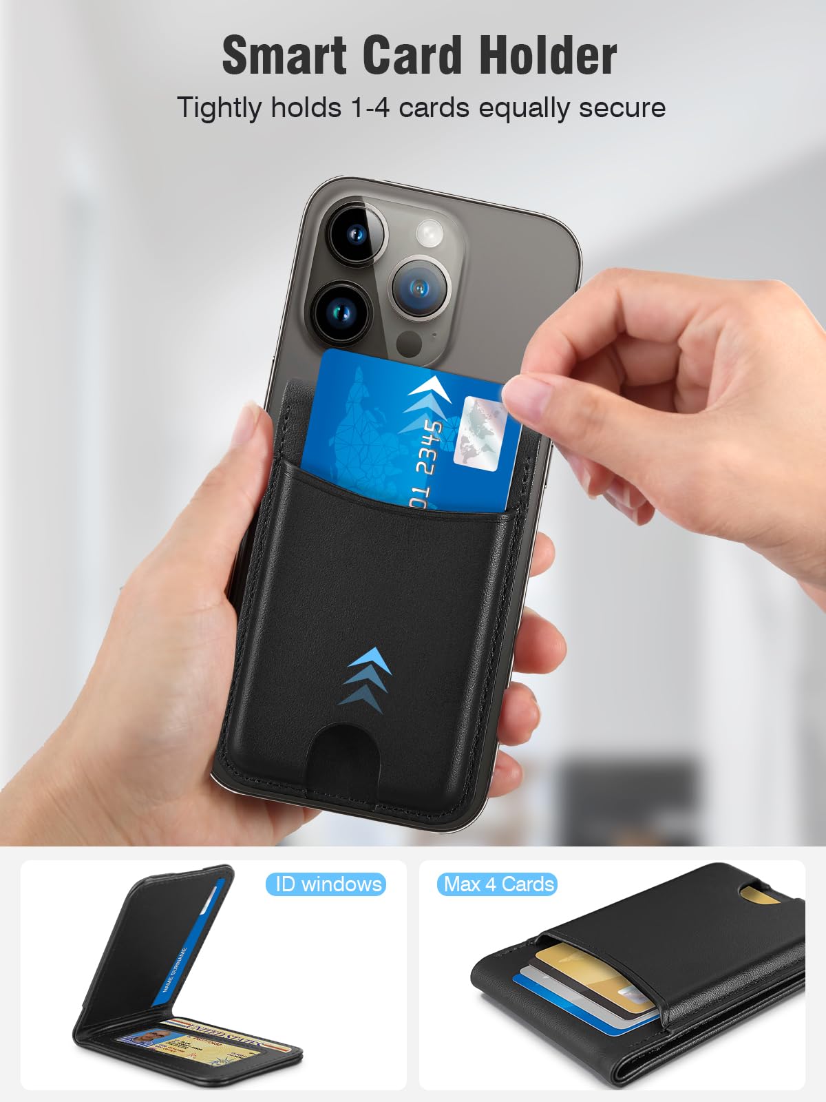 TopMade for MagSafe Wallet with Adjustable Stand, Magnetic Phone Card Holder for iPhone 17/16/15/14/13/12 Series, RFID Blocking Leather, ID Window, Holds 6 Cards, Black