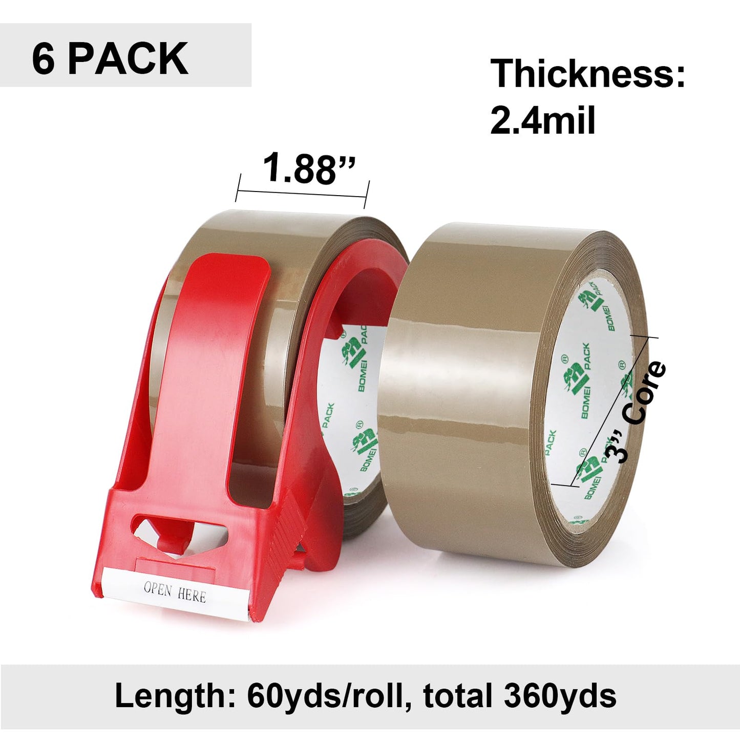 BOMEI PACK Brown Packing Tape with Dispenser, 2.4 Mil 1.88 Inch x 60 Yards, 6 Refills Rolls Packaging Tape for Moving, Shipping and Storage