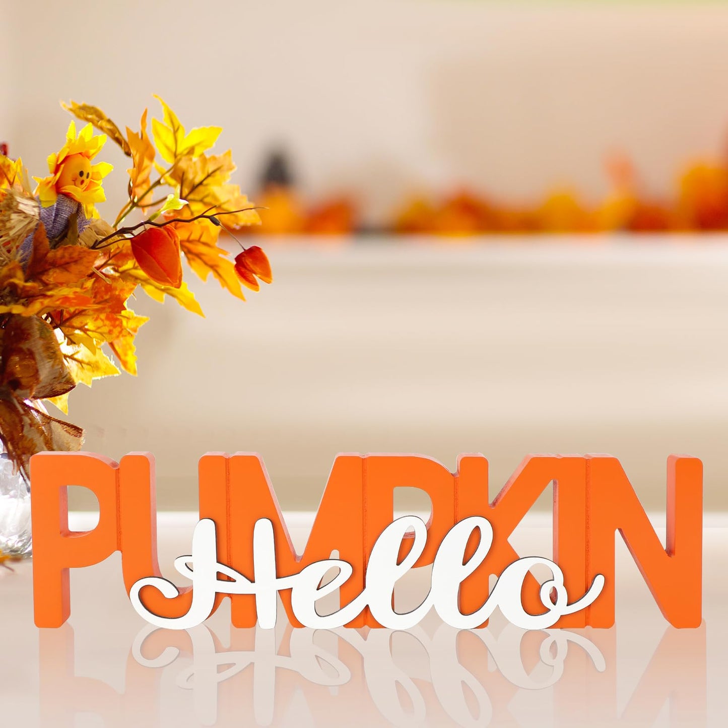 COCHIE Wooden Hello Pumpkin Sign, Fall Decorations for Home, Office, Shelf, Mantel, Indoor, Wood Autumn Decor, Fall Table Top Party Decoration (Hello Pumpkin)
