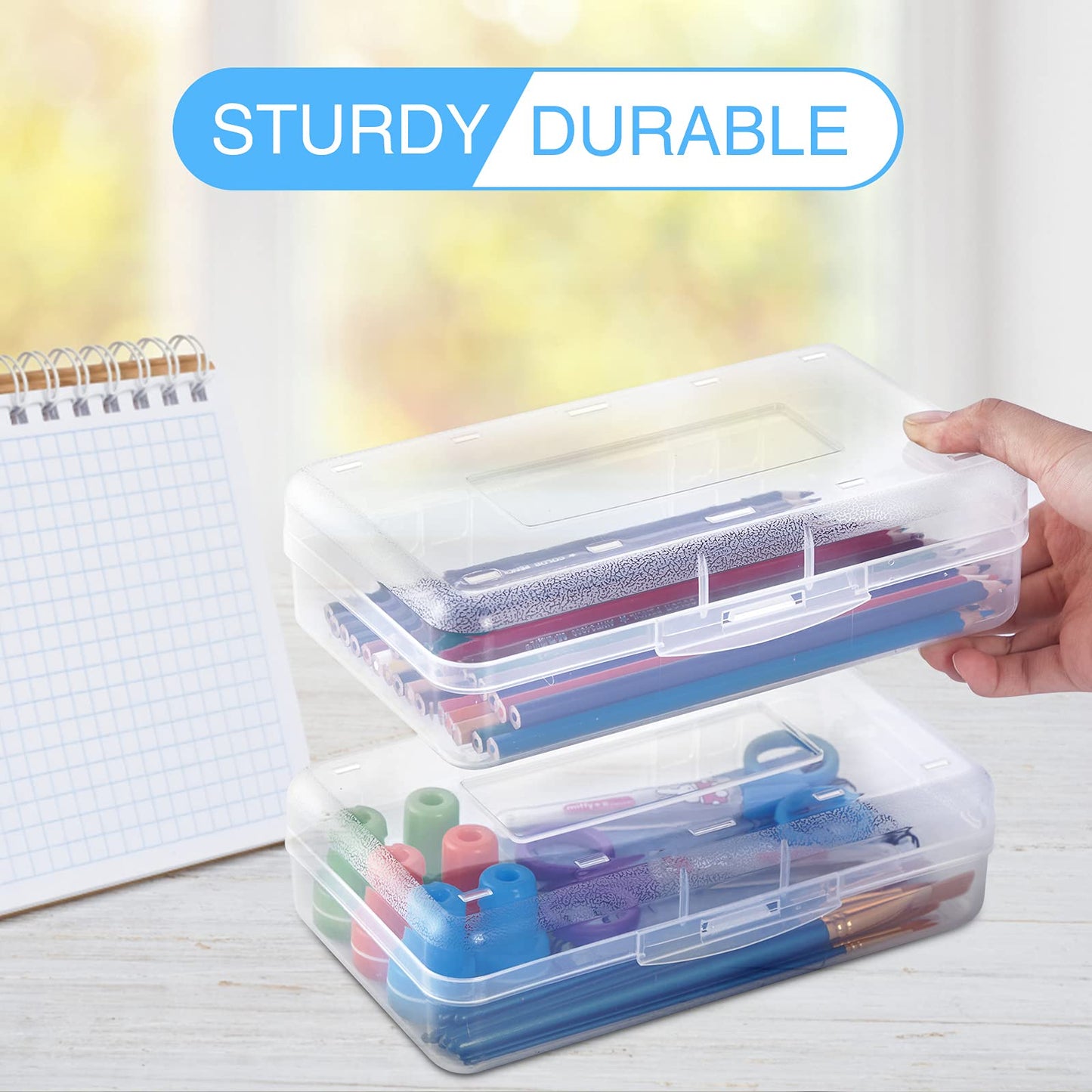 Sooez 3 Pack Pencil Case, Large Hard Pencil Box Bulk, Clear Crayon Box Marker Pen Organizer, Plastic Storage Container with Snap Lid, Stackable Art Craft Organizer Back to School Supplies, Clear