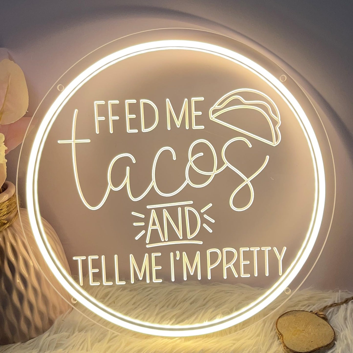 Neon Sign Feed Me Tacos and Tell Me I’m Pretty For Wall Decor 3D Art Carving Design Indoor Bedroom Led Neon Sign Backdrop Flex Christmas Business Room Shop Window Birthday Gift(Warm White,USB,30×30CM)