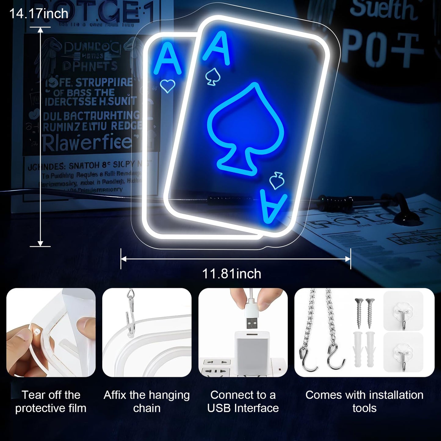Poker Neon Sign, Playing Cards Neon Sign for Wall Decor Poker Dimmable LED Neon Light Sign for Bedroom Casino Bar Game Room Man Cave Wall Art Birthday Party Decor（Blue）