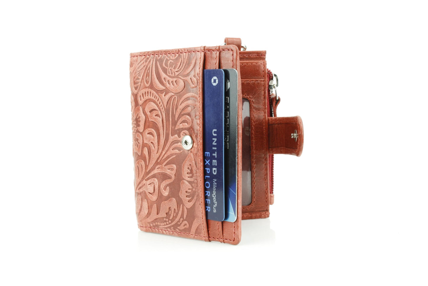American Bison Small Fold-Over Wristlet Wallet for Women – Floral Embossed Filigree Clutch with Snap Closure, Zip Coin Pocket, Card Slots & ID Window (Red)
