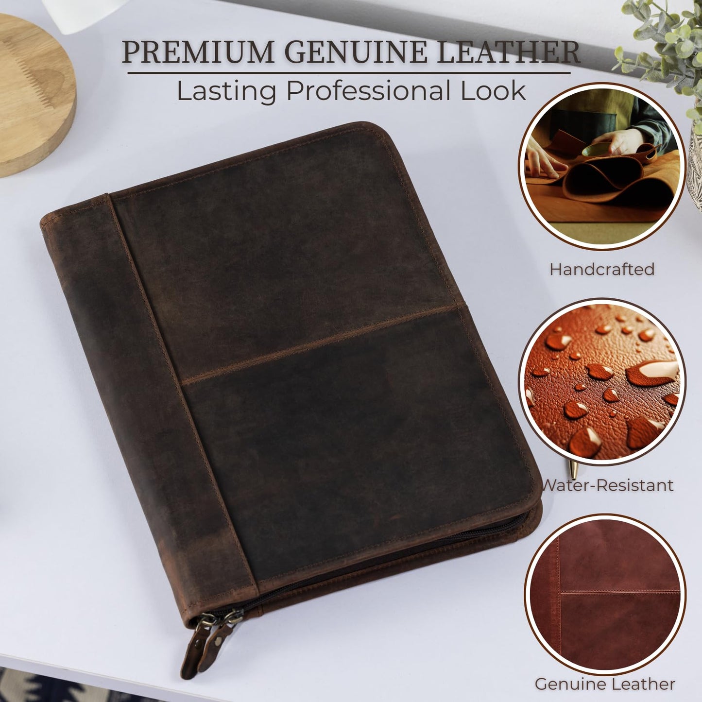 Leather Padfolio with Zipper – Business Portfolio for Men and Women, Legal Pad Portfolio, Leather Folder, Professional Padfolio for Meetings and Interviews