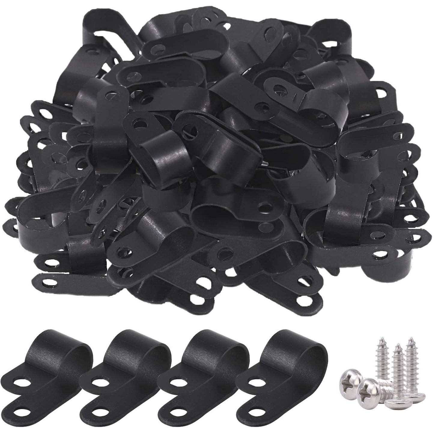 Glarks 120Pcs 1/2 Inch Black Nylon Screw Mounting R-Type Cable Clip Wire Clamp with 120Pcs Screws for Wire, Cable, Conduit and Cable Conduit Kit (Black)