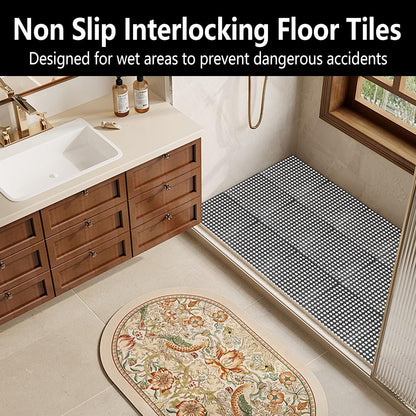 Interlocking Floor Tiles 12x12 Inch, 12 Pack Soft PVC Non-Slip Drainage Tiles with Holes for Bathroom, Pool Deck, Gym, Garage, Kitchen & Wet Areas, Easy Splicing Anti-Fatigue Mat, Black (12 Pack)