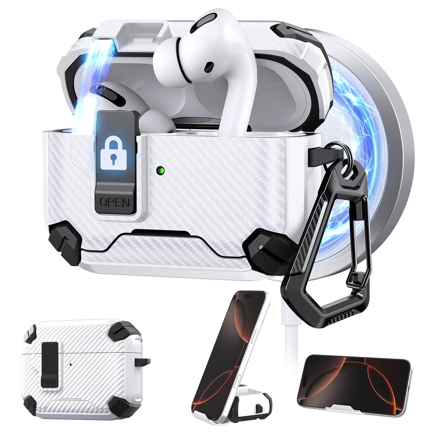 Maxjoy for AirPods Pro 3 Case Cover 2025 with Automatic Lock MagSafe, Compatible with Apple AirPod Pro 3rd Generation (Carbon Fiber White, AirPods Pro 3 Case Cover 2025)