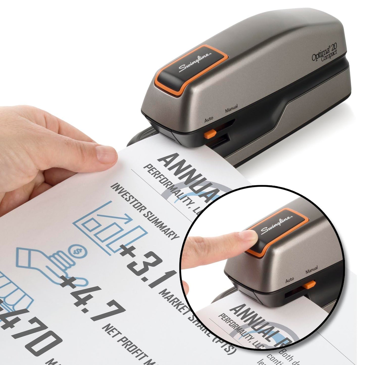 Swingline Electric Stapler, 20 Sheet Capacity, Optima 20, Jam Free, Compact, Automatic or Manual, Plug In or Battery, Orange and Gray (48207)