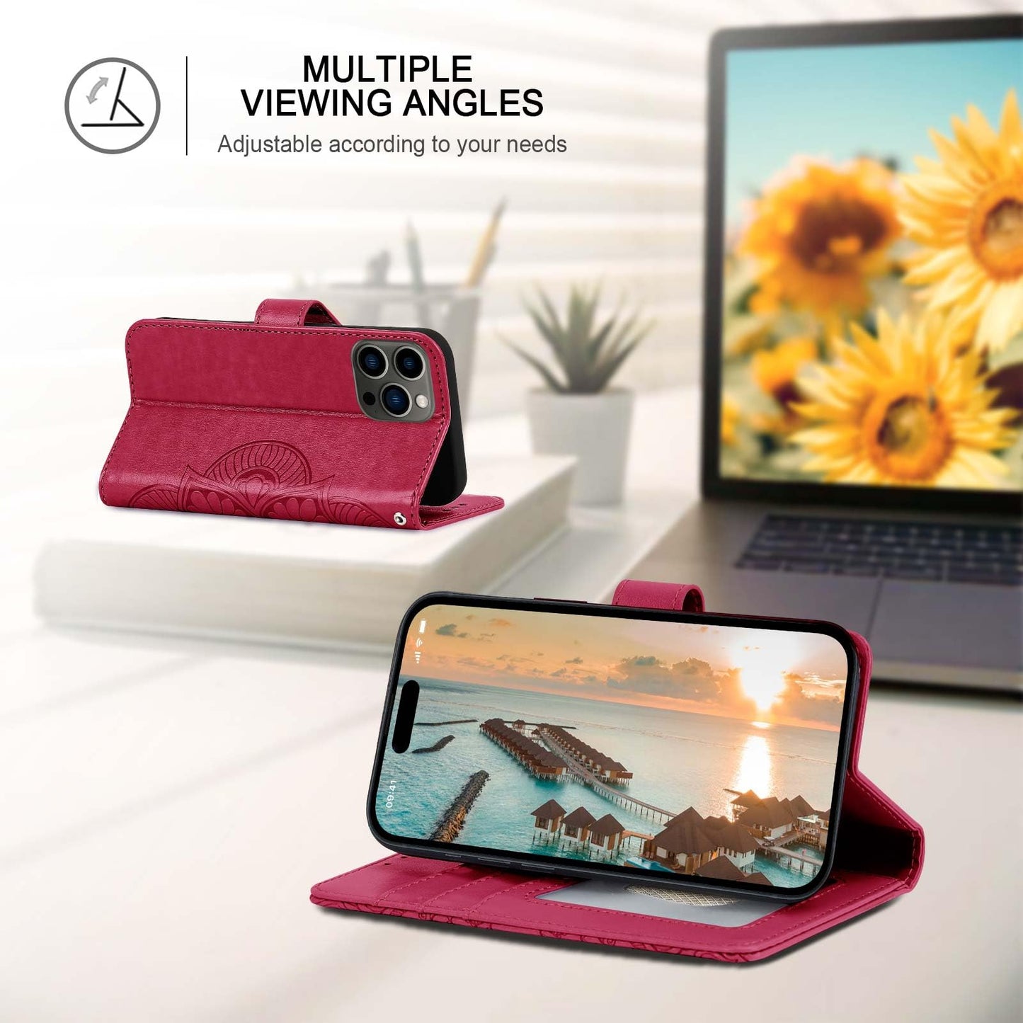 Ateeky Wallet Case for iPhone 16 Pro Max,[RFID Blocking] 3 Card Holder Stand with Credit Card Slot PU Leather Magnetic Protective Flip Cover for iPhone 16 Pro Max (Red)