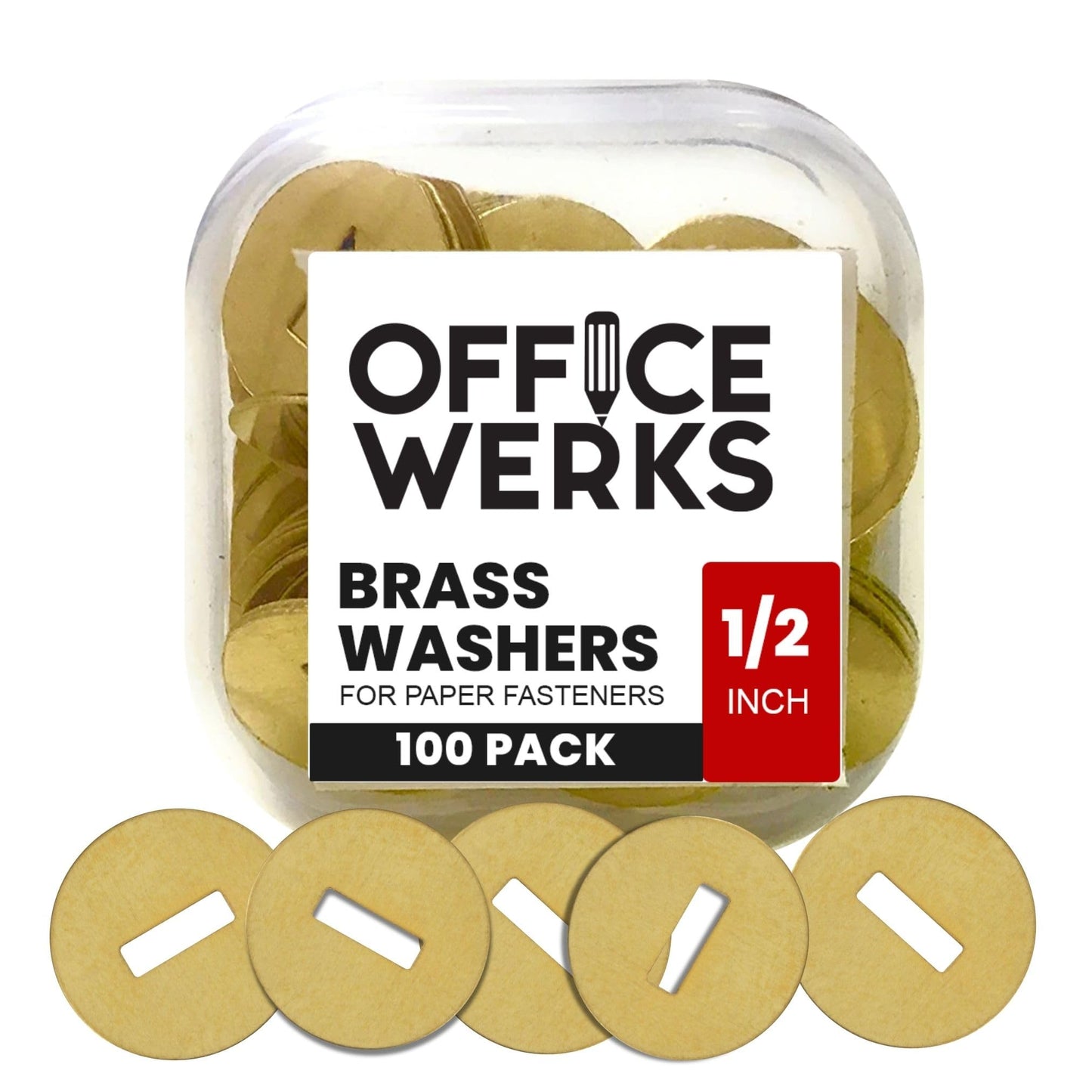 Officewerks Brass Washers for Paper Fasteners, 1/2 Inch Slotted Brass Gold-Plated Round Metal Brads for Scrapbooking, Crafts, Making DIY, and More (Gold Washers - 100 Pack)