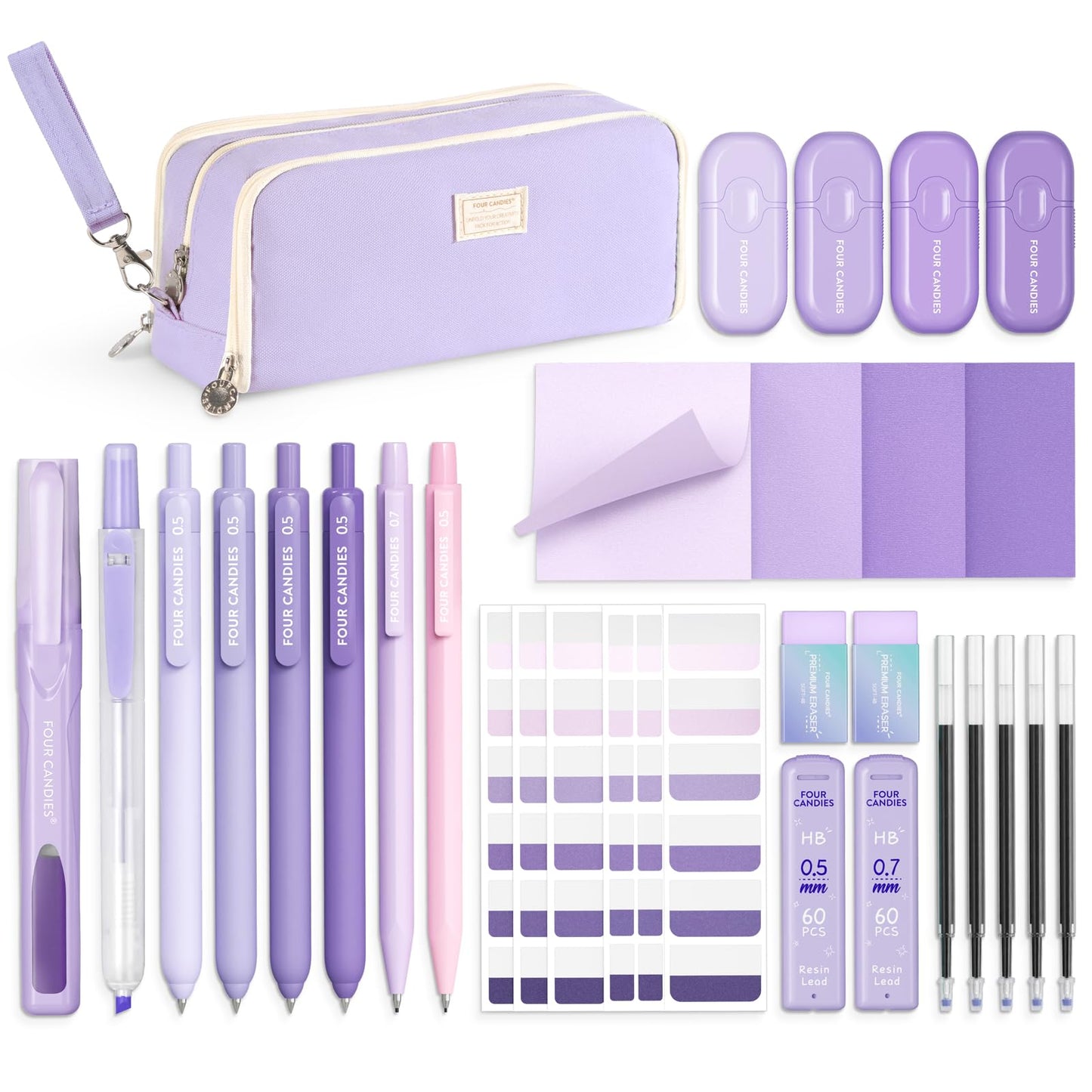 Four Candies Purple School Supplies, Gel Pens with Black Ink,Correction Tapes,Pastel Highlighters, Mechanical Pencils, Sticky Notes, Index Post for Bible Study Stationary College Essentials