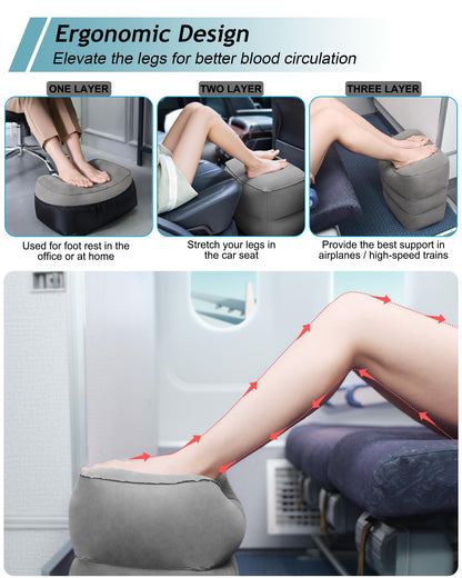 JefDiee Inflatable Travel Foot Rest Pillow,Kids Airplane Bed,Adjustable Height Flight Pillow,Travel Essentials for Airplane,Office,Home,Trains,Cars