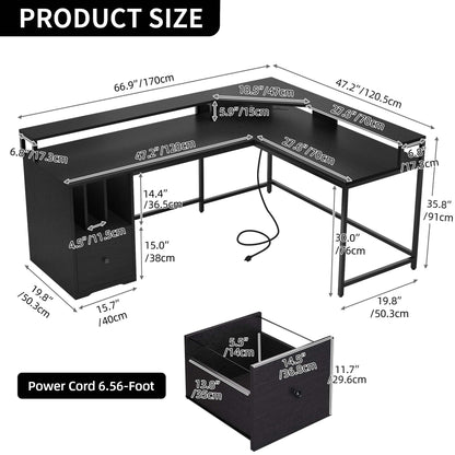 YITAHOME L Shaped Desk with Power Outlets & LED Lights, 67" Computer Desk with File Drawer, Corner Desk Home Office Desks with Monitor Stand & 3 Cubbies Storage Shelves, Black