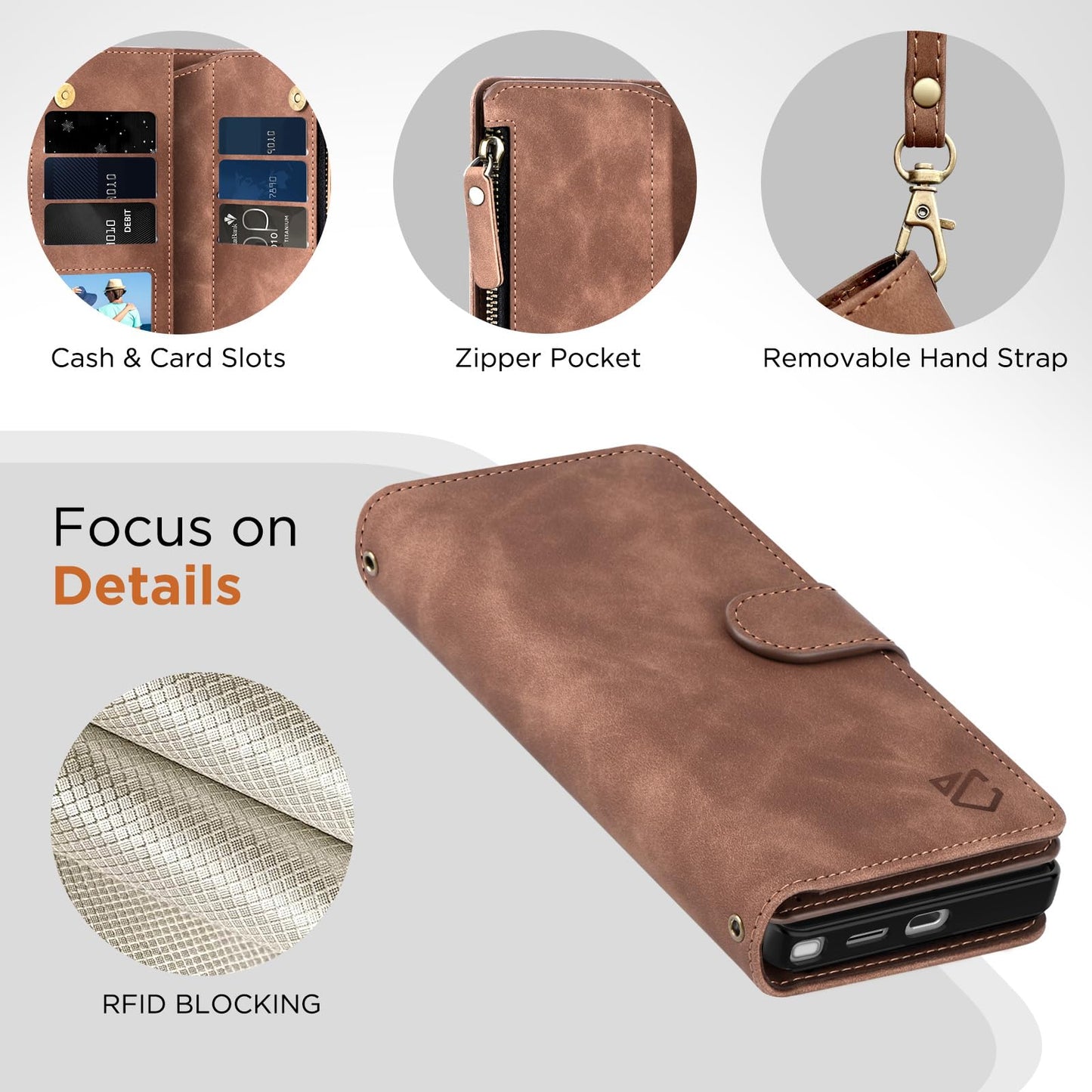 CAESBON for Samsung Galaxy S26-Ultra-Wallet Case: with RFID Blocking Card Slots (6 Cards) | Soft PU Leather Magnetic Snap Zipper Pocket | Crossbody Wrist Strap Protective Phone Cover - Brown