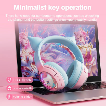 PHNIXGAM Cute Cat Bluetooth Headphones, Wireless & Wired Mode Headset with Mic, RGB LED Light, for Girls Women School Gaming, Compatible with Mobile Phones Tablet (Pink Blue)