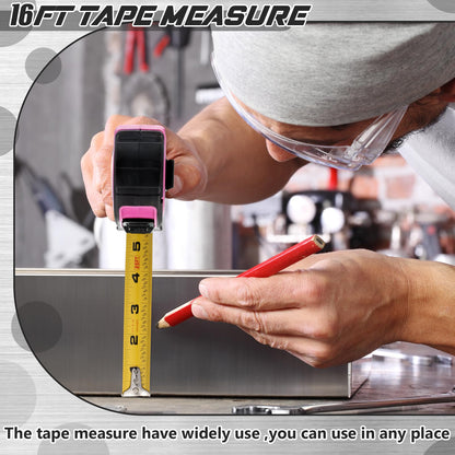 Hoteam 2 Pcs Pink Tape Measure Retractable with 1/8 Fractions Lightweight Pink Measuring Tape Accuracy 1/32 with Magnetic Hook Lock Button Easy to Read Measurement Tools(16 ft)