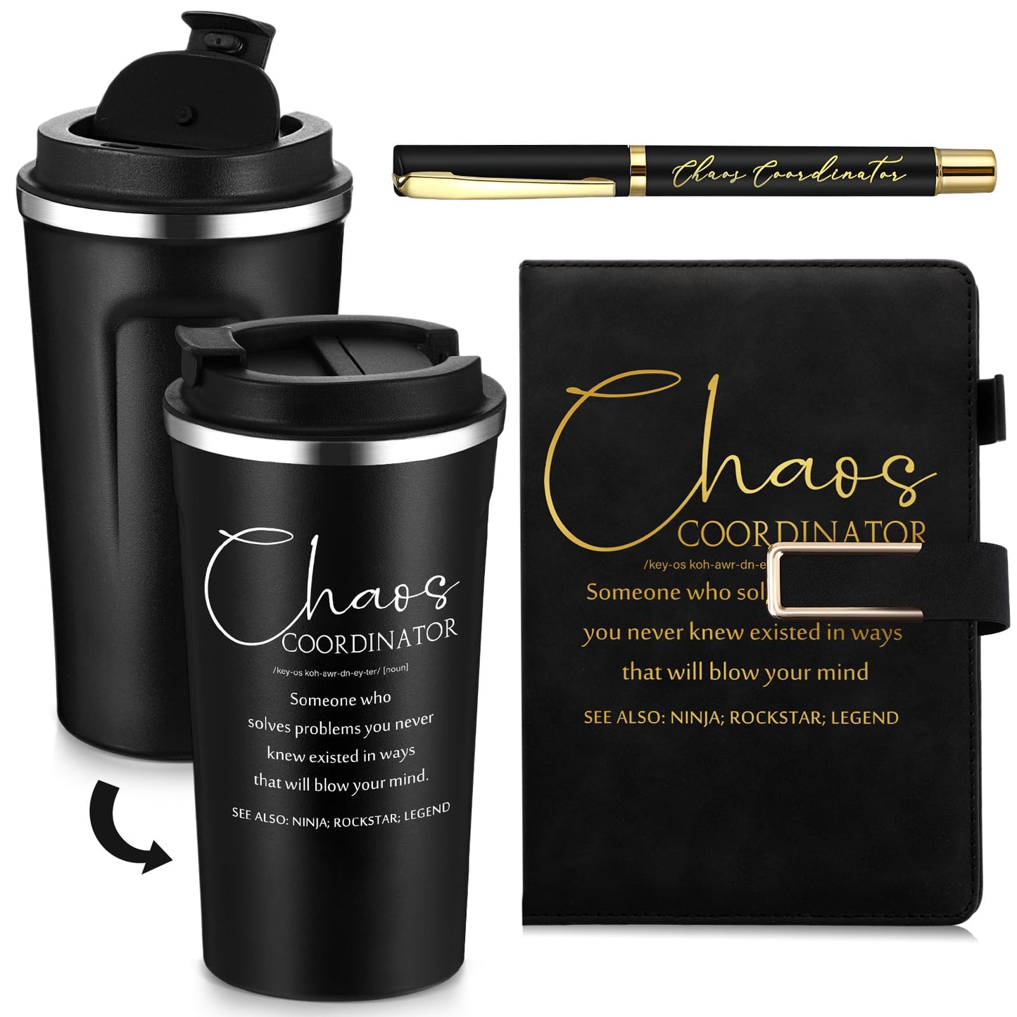Pickmesh 3 Pcs Chaos Coordinator Appreciation Gifts for Women Men 17 oz Coffee Tumbler A5 Leather Journal with Ballpoint Pen for Admin Professionals Manager Assistant‌ Employee Teacher(Black)