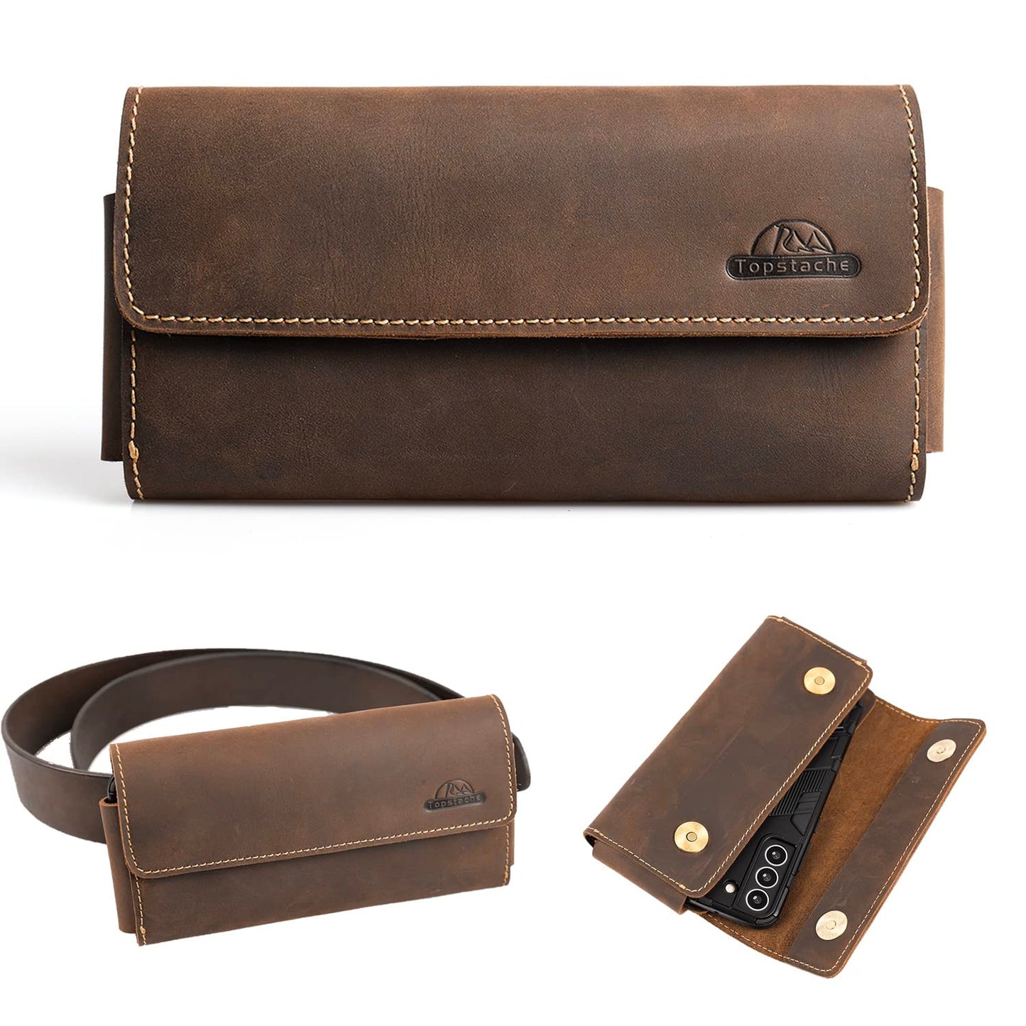 Topstache Belt Clip Leather Phone Holster,Two Pockets Cell Phone Pouch, Leather Card Holder,Wallet for Cash and Phone, Phone Pouch for iPhone 14 Pro,iPhone 14,S22 with Magnetic Closure,L,Darkbrown