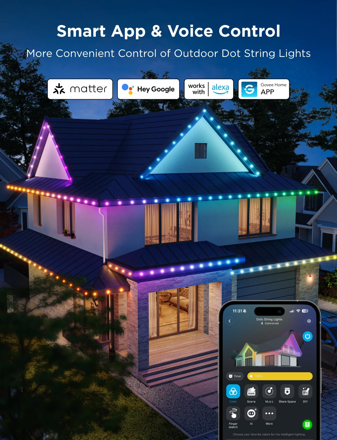 Govee Outdoor LED Strip Lights, 45 RGBIC LED Lights 50FT String Lights with 65 Scene Modes, Halloween Decoration Work with Alexa, Google, APP Control, IP65 Waterproof
