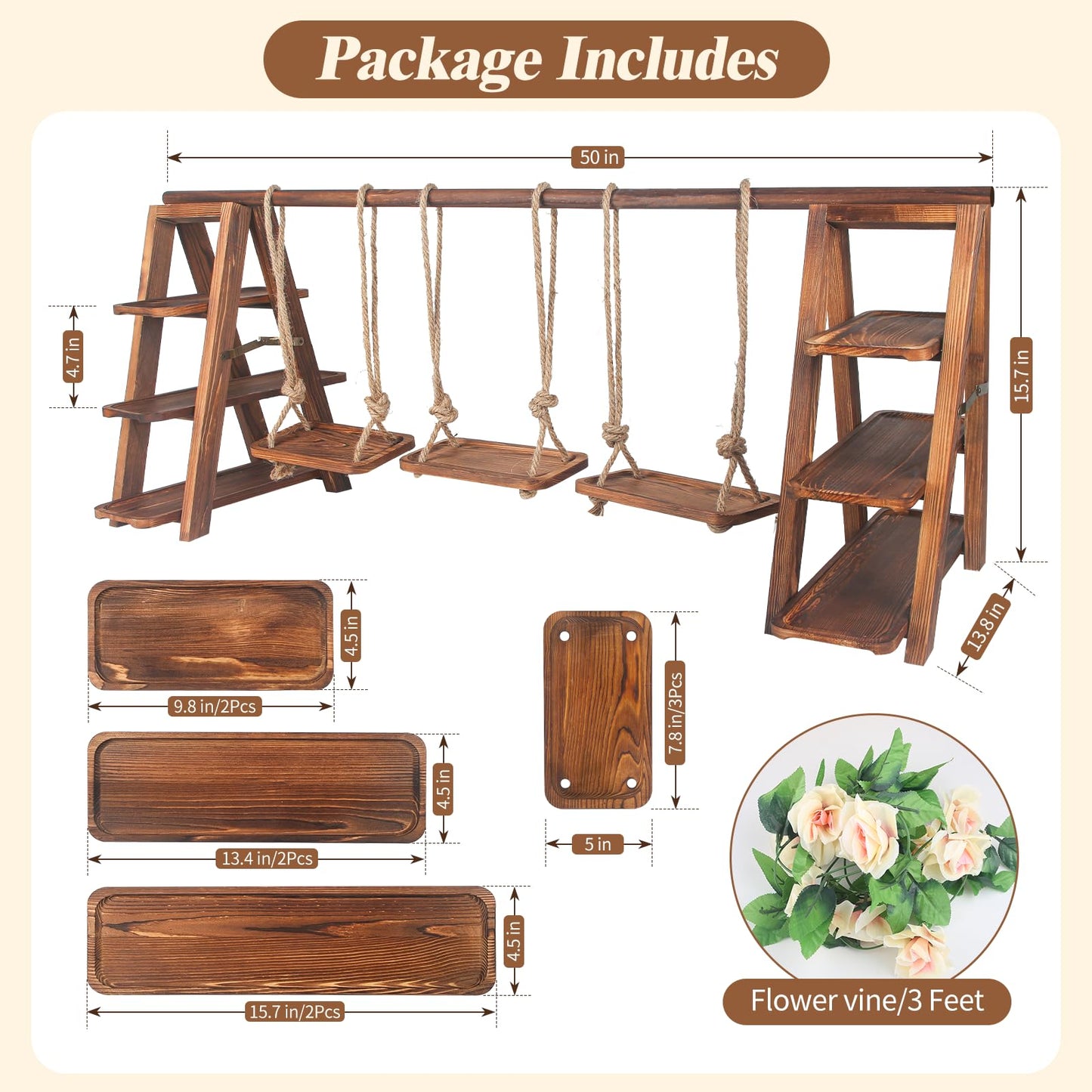 Wisreach Upgraded Large Wooden 3 Tier Swing Cupcake Stand with Flower Decor, Removable Trays, Foldable Ladder Display for Cake, Snacks, Fruit, Bread, Party & Catering Centerpieces