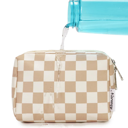 Narwey Small Checkered Makeup Bag for Purse Mini Cosmetic Bag Travel Makeup Pouch Zipper Pouch Cute Make up Bags with Compartments for Women Girls (Light Checkerboard, Small)
