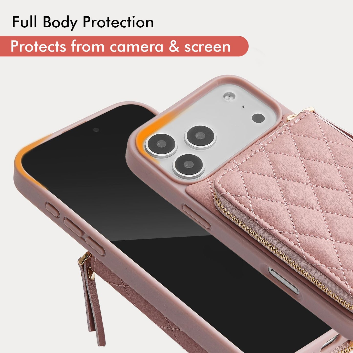 LAMEEKU for iPhone 17 Pro Max Crossbody Case Wallet, Leather Zipper Cover with Card Holder Wrist Strap for Women 6.9'' Pink