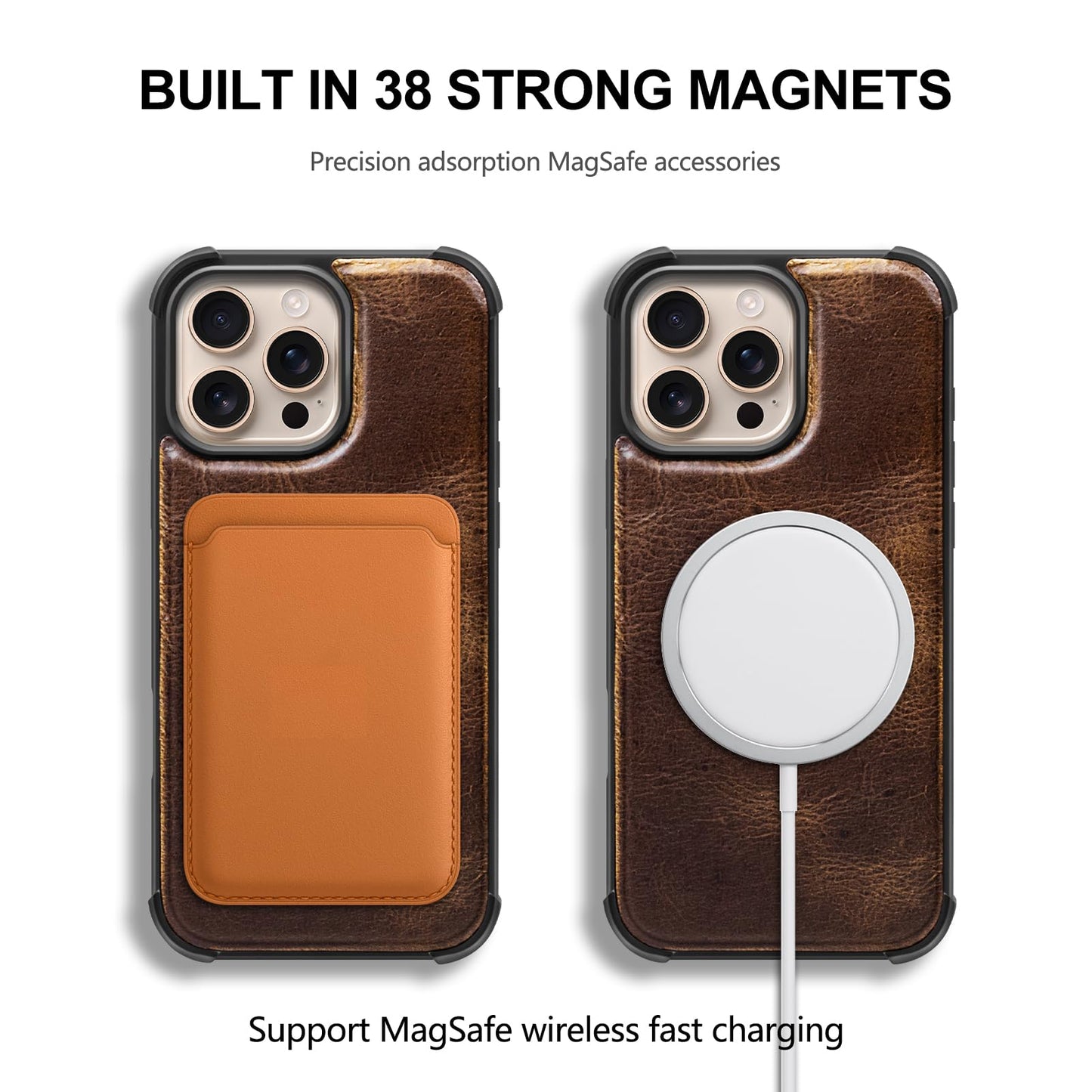 RMAWRAD Leather Case Compatible with iPhone 16 Pro Max Wallet 6.9",Genuine Leather 2in1 Magnetic Detachable Shockproof Kickstand,Flip Folio Cover with Card Slot,Wireless Charging RFID Blocking Brown