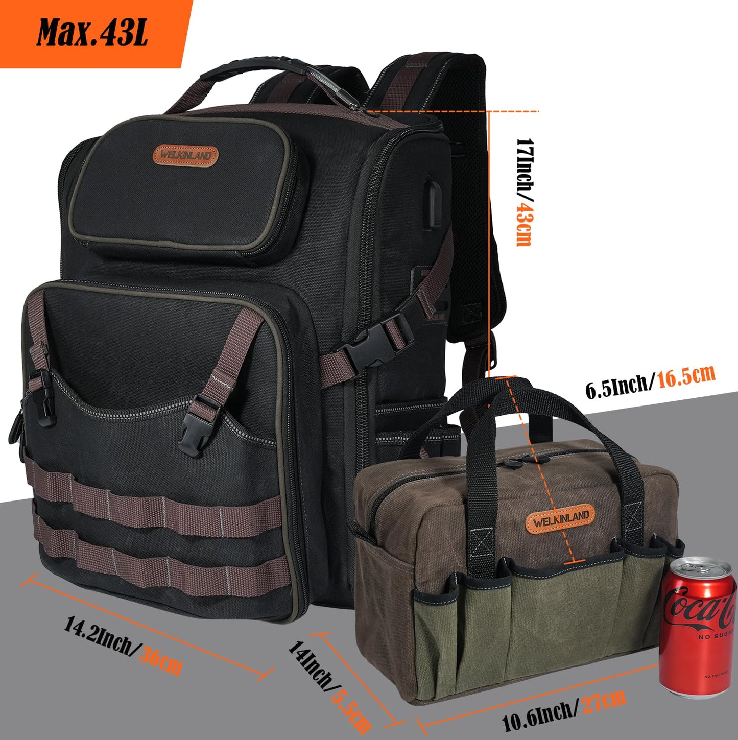 WELKINLAND 60-Pocket Electrician Backpack & Tool Bag Set, Heavy-Duty HVAC Backpack, Waterproof Wax Canvas Tool Back pack, Full-Open Mechanic Tool Back pack, Technician Backpacks