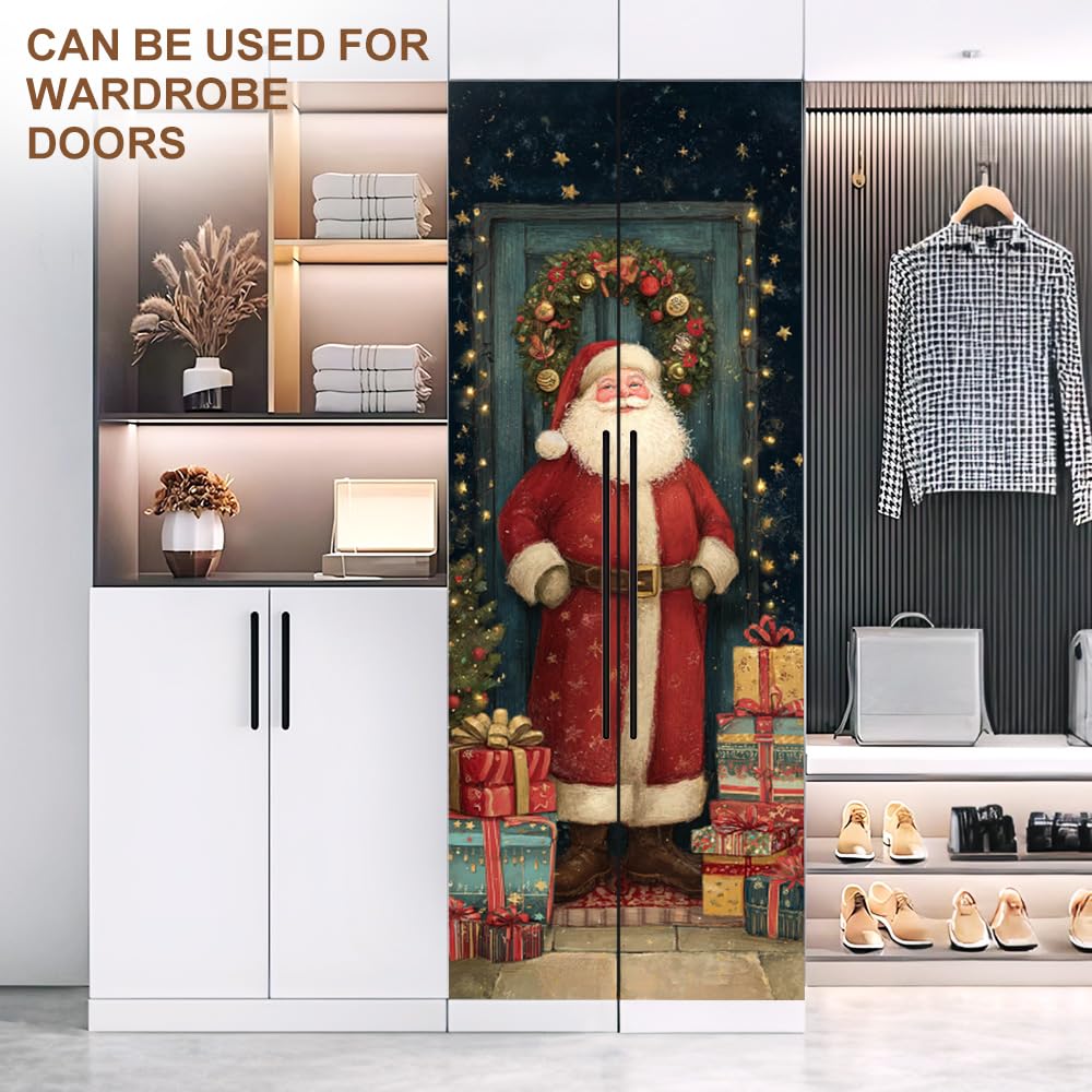 Santa Claus Christmas Door Mural Peel and Stick - Festive Holiday Gifts & Wreath Design, Decorative Self-Adhesive Door Decals for Indoor Room Decor, 30.31 x 78.74 Inch