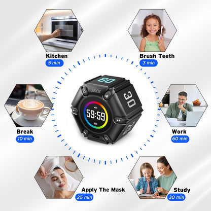 Jack Pomodoro Timer - Productivity Cube, Visual Focus Timer, Mute & Vibration & Adjustable Sound Alert, for Office, ADHD, Study, Work, 3/5/10/25/30/60min & Custom Countdown - Black
