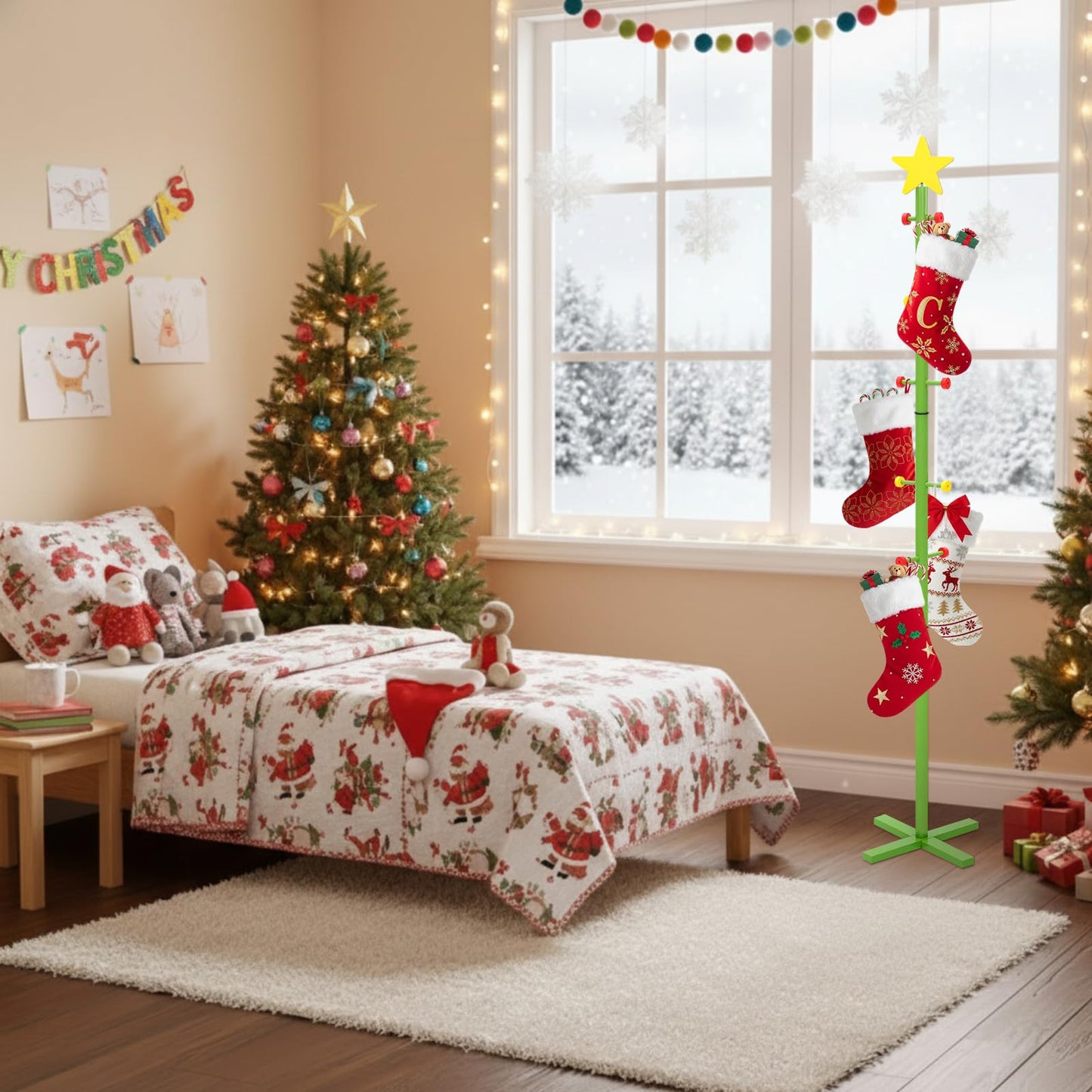 Capoda 71 Inch Christmas Stocking Holder Stand for Floor, Freestanding Wooden Christmas Tree Star Stocking Rack with 10 Hooks Hanger Stand for Xmas Winter Holiday Room Decoration