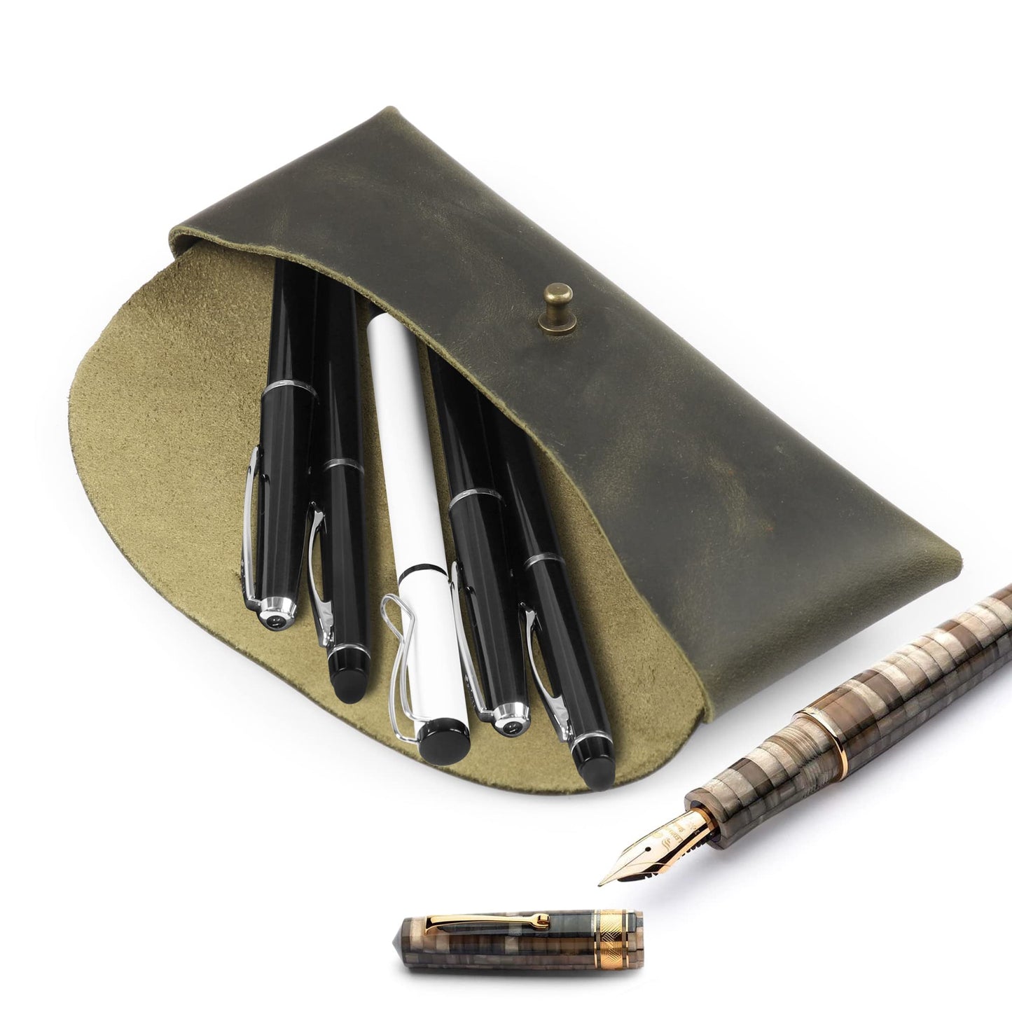 Londo Genuine Leather Retro Pen and Pencil Case - Metal Snap Fastener, Pencil Pouch Stationery Bag