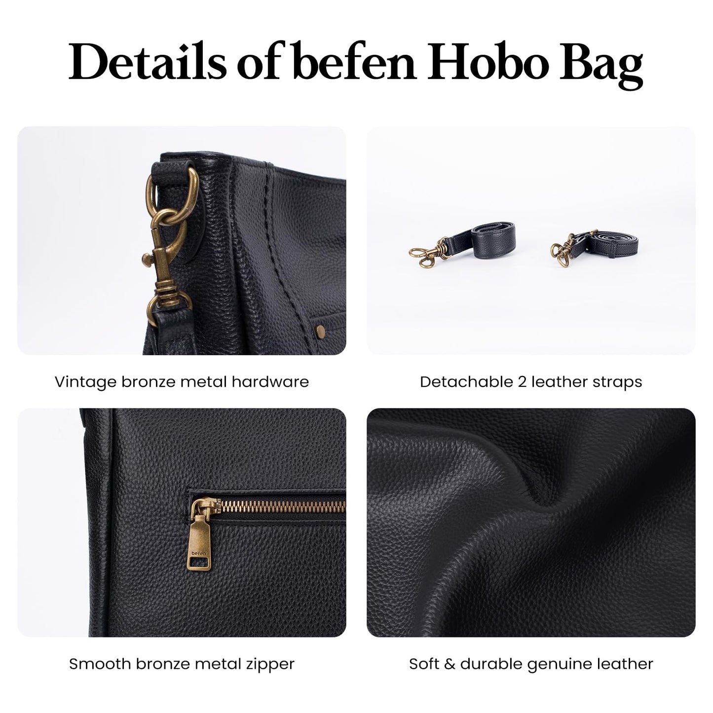 befen Black Genuine Leather Hobo Crossbody Bags for Women Retro Leather Purses Handbags Shoulder Bag with 2 Shoulder Straps