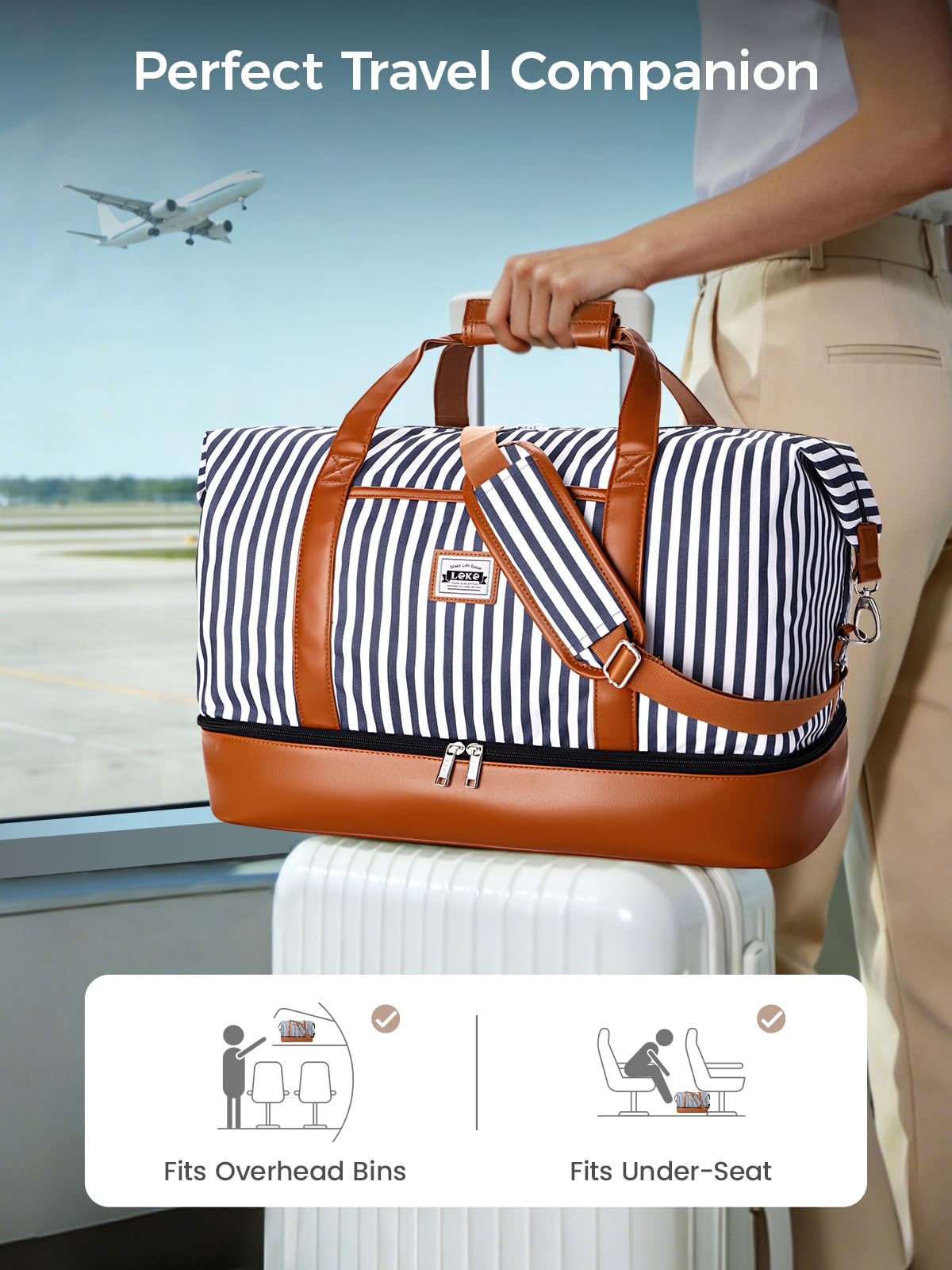 Lekebobor Weekender Bag for Women, Large Holdall Travel Duffle / Overnight Bag with Shoes Compartment & Toiletry Bag, 50L (Blue Striped)
