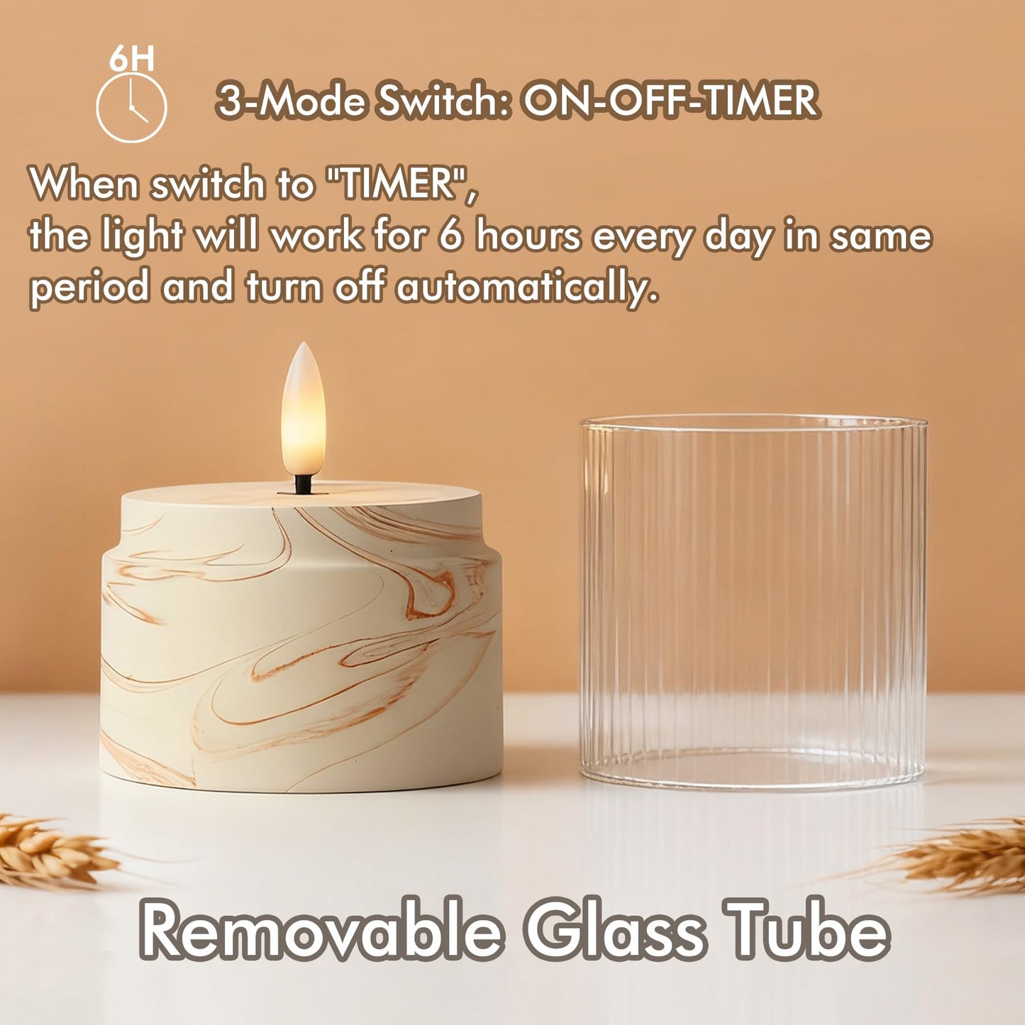 Fanna 3 Flameless LED Candles with Timer Function in Marble Texture, Battery Operated Glass Candles for Home Decor and Table Centerpieces, Cream and Burnt Orange Design - H 4" / 5" / 6"