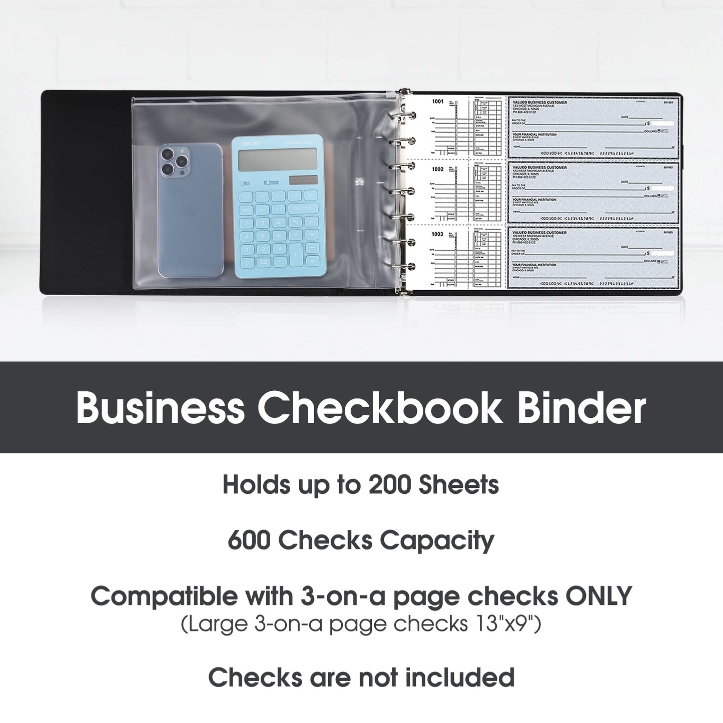 7 Ring Executive Business Check Binder 600 Checks Capcity for 9" x 13" Sheets, PU Leather Checkbook Holder with Zip Pouch