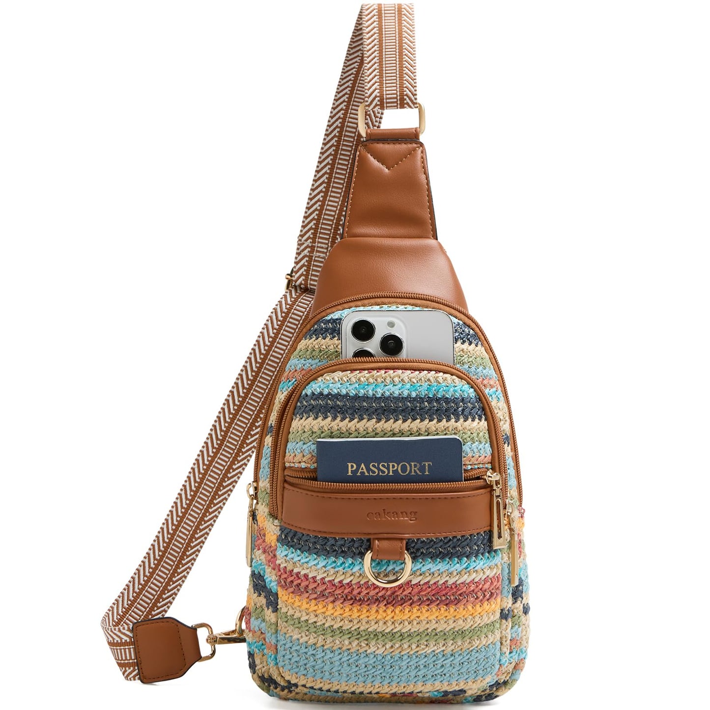 cakang 7L Straw Crossbody Bags for Women - Fashion Sling Chest Bag with Rainbow Woven Design, Lightweight Fanny Pack Travel Leather Shoulder Bag (Brown)