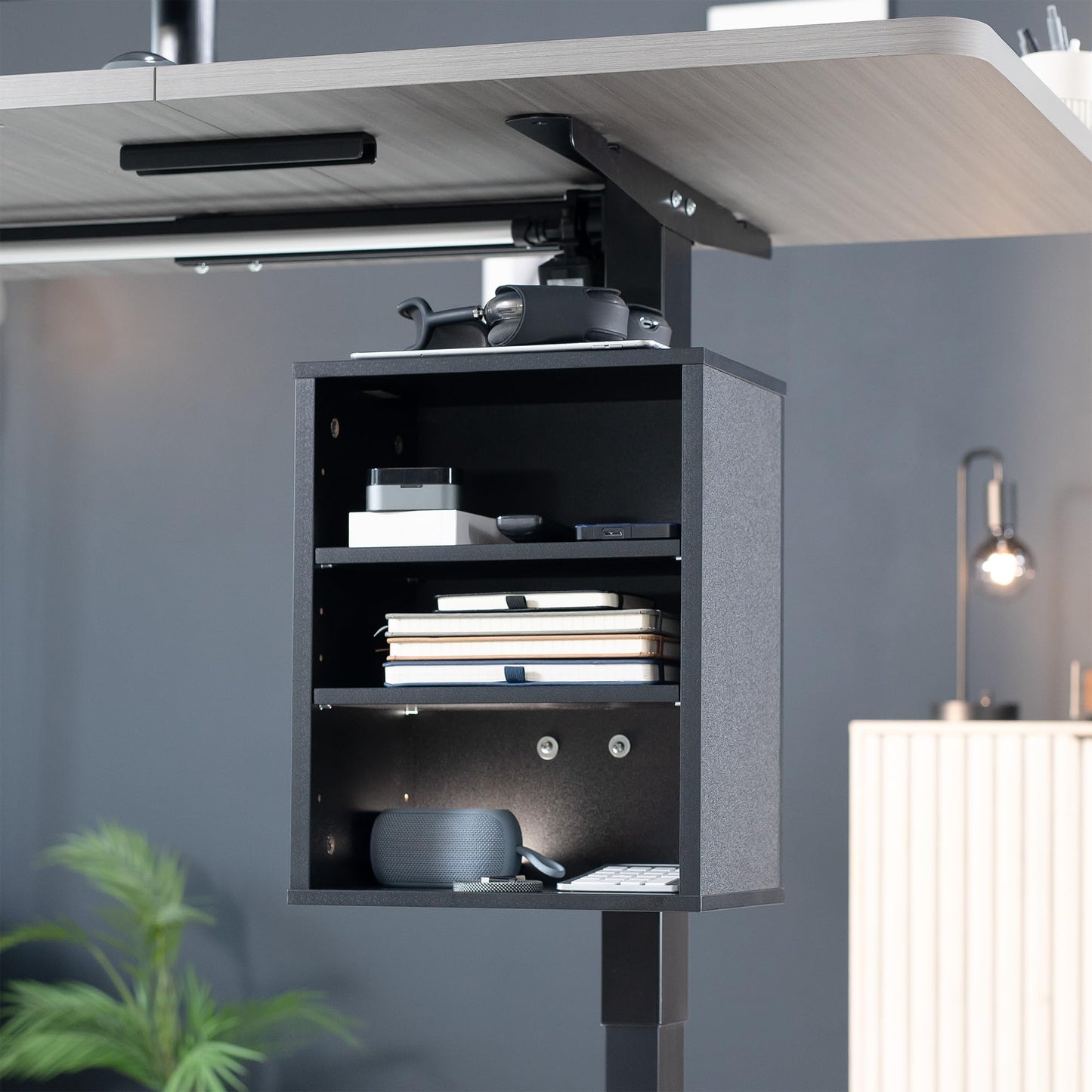 VIVO Clamp-on Under Desk Shelving Unit, Office Accessory Holder for Supplies, Gaming Devices, and More, Multi-Level Storage Shelves, Workstation Organizer, Black, DESK-SHELF3CL