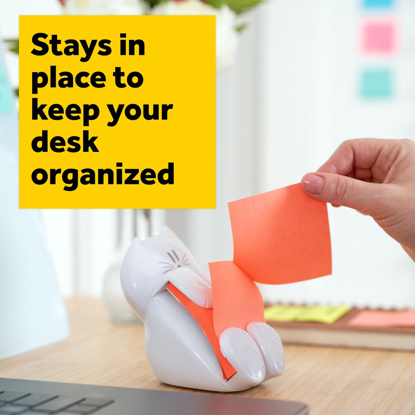 Post-it Dispenser, Sticky Note Holder, White Cat Design, Includes 45 Pop-Up Sheets of 3 in x 3 in Pink, Sticky Notes Holder for Desk, Classroom or Office Supplies