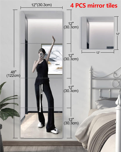 Shatterproof Wall Mirror Full Length for Bedroom, Acrylic Gym Mirrors For Home, Extra Thick: 0.12 inch, 12 x 12 inch x 4 Pcs, Workout Mirrors Safe for Kids, Over The Door, Long Wall Mounted