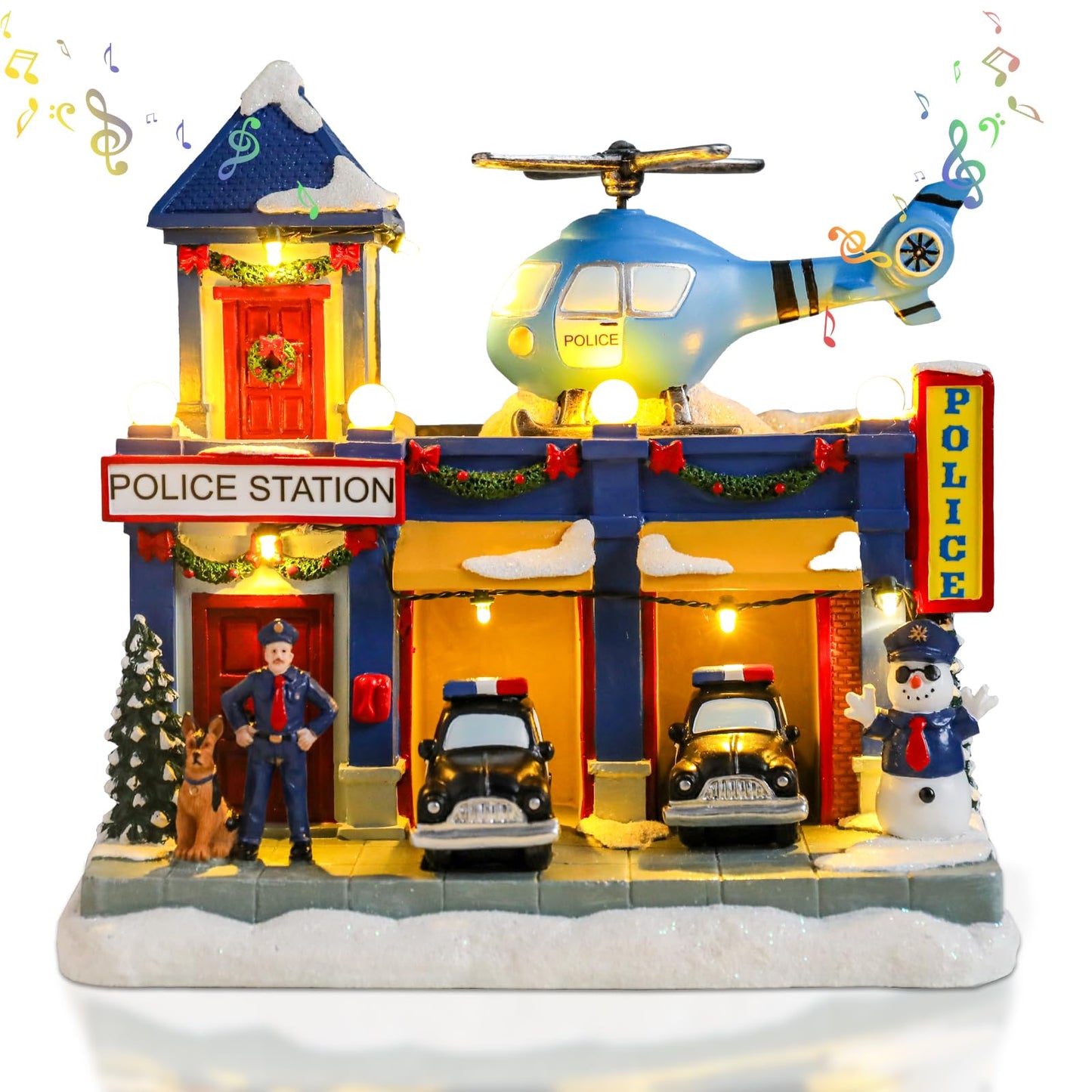 Vipush Christmas Village House Decorations Resin Police Station Home Decor Indoor Building Figurines Revolving Train with LED Light and 8 Christmas Music for Kids