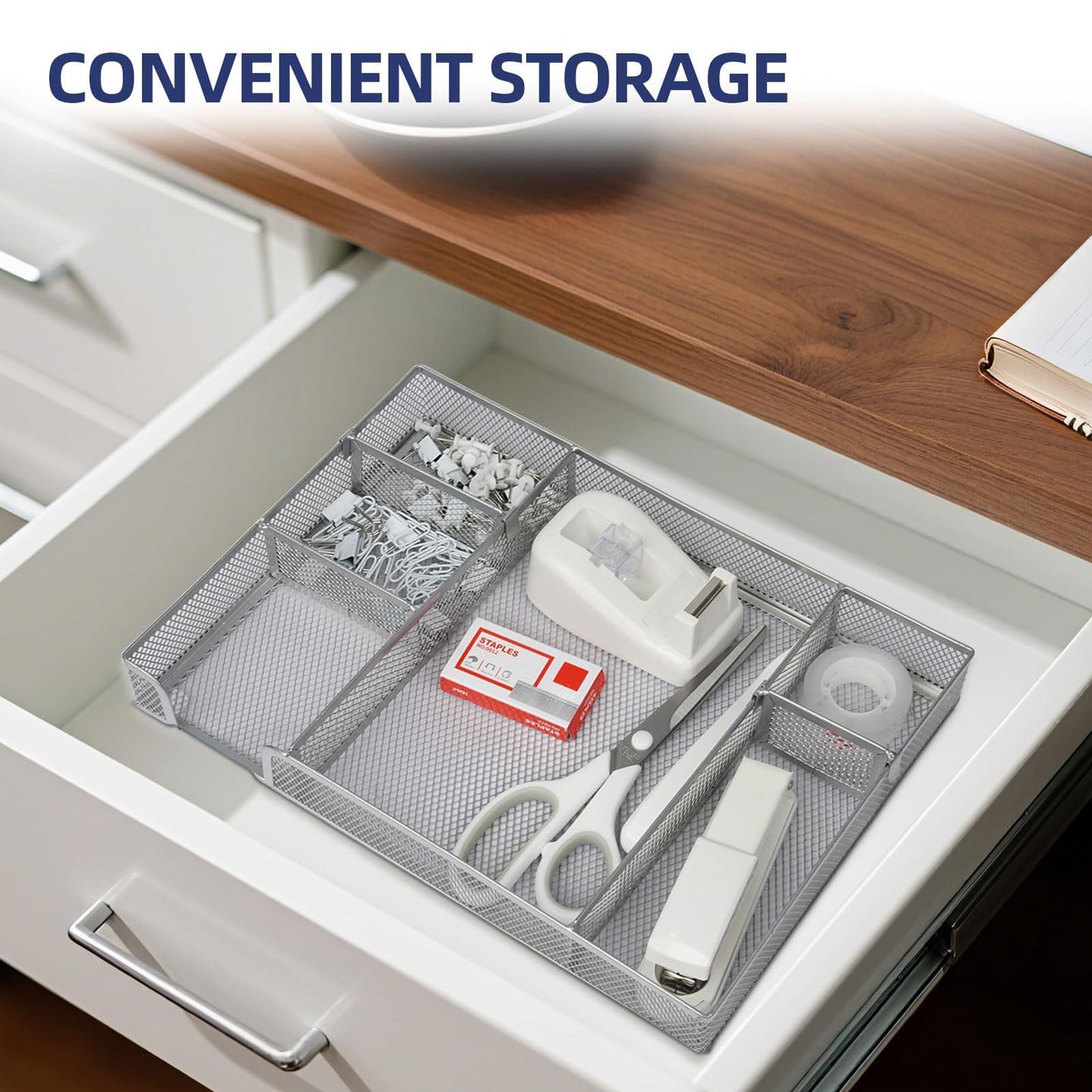 Office Desk Accessories, Desk Organizers and Accessories, Stapler and Tape Dispenser Set Metal Storage Box,Stapler,Staple Remover,Paper Clips,Ruler,Scissors.Suitable for Office and Study Use,White