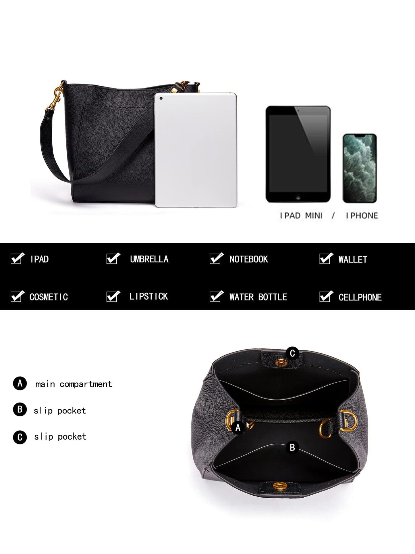 DORIS&JACKY Genuine Leather Bucket Hobo Bag for Women Designer Shoulder Purse and Satchel Tote with Detachable Wide Strap