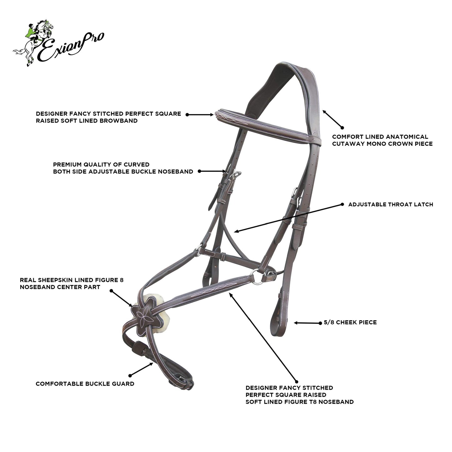 ExionPro Exion Anatomical Figure 8 Bridle with Broad Mono Crown Piece | Fancy Stitching Square Raised Noseband | Soft Padding on Crown, Brow & Noseband | Rubber Grip Reins for Horse
