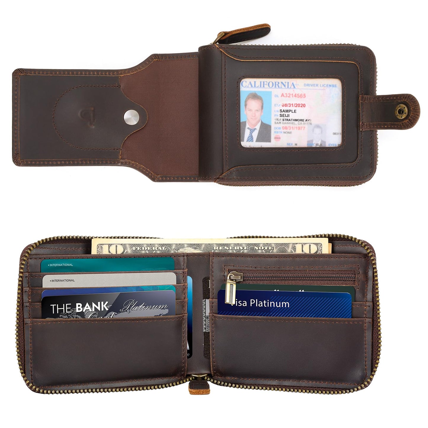 Polare Full Grain Leather Wallet for Men Bifold RFID Blocking Cash Credit Card Case with Air Tag Slot and YKK Zip Coin Pocket (Dark Brown with AirTag Slot)