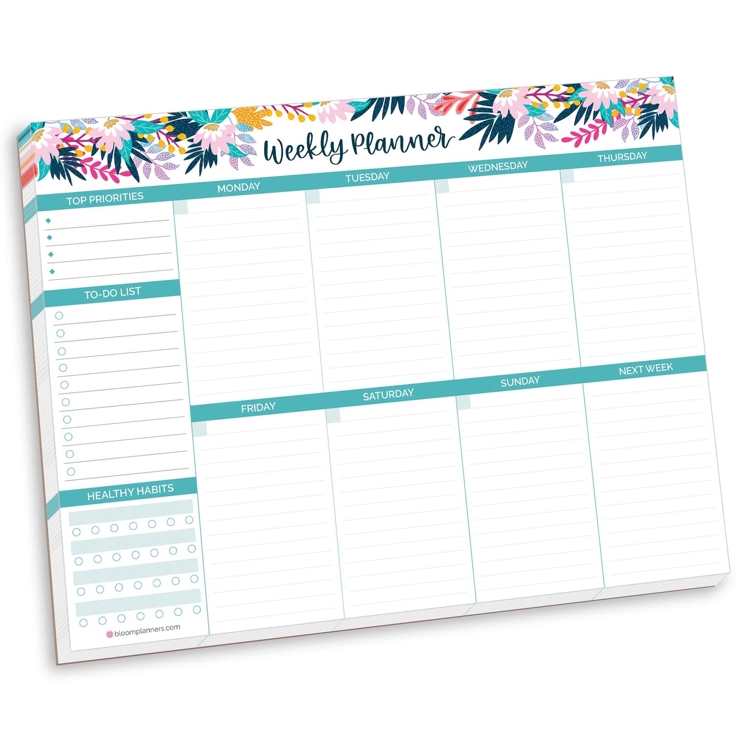 bloom daily planners Horizontal Weekly Tear-Off To Do List Planning Pad - Undated Notepad Organizer & Healthy Habit Tracker - 8.5” x 11” - Floral